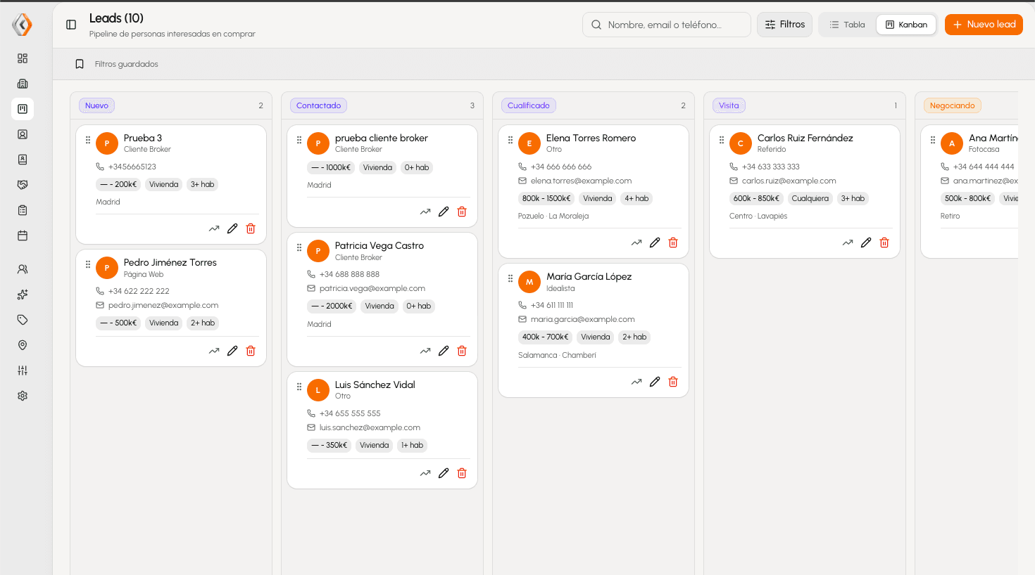 Pipeline de leads kanban en Kairo CRM